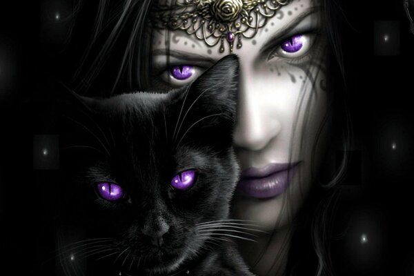 Niña y gato con ojos morados sobre fondo negro
