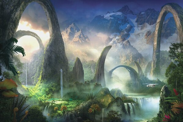 Арт фантастического мира с растениями и водопадами