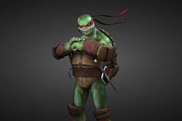 Una de las tortugas ninja en pose de combate