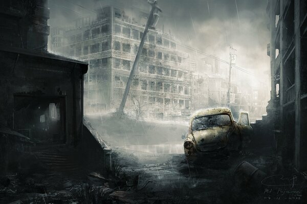 Image d une ville post-apocalyptique en ruines sous la pluie