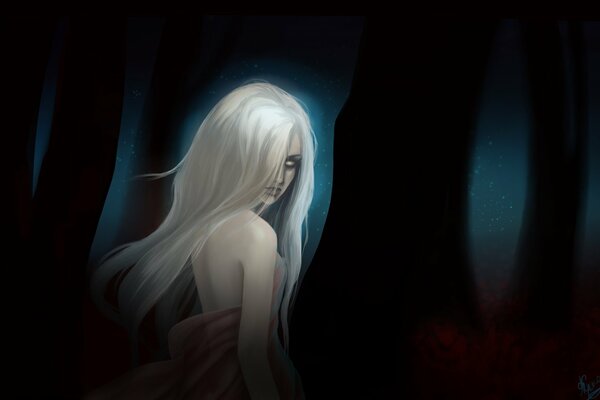 Imagen de fantasía de una chica rubia en un bosque oscuro