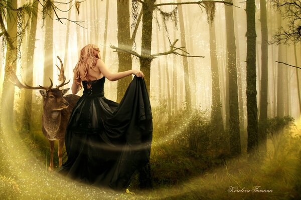 A girl in the forest next to an animal in a black dress