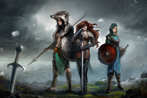 Three girls with swords in armor