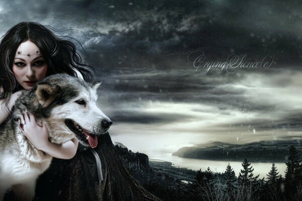 A girl with a wolf on the background of a lake