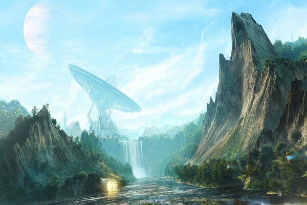 Waterfall in the mysterious forest of a new planet