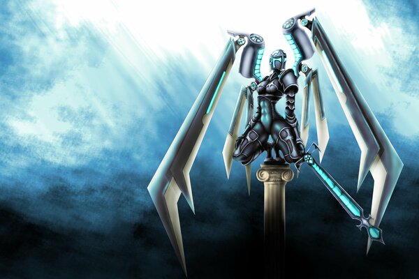 A metal cyborg with wings and a sword in his hand