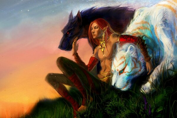 An art of an elf guy accompanied by animals in the form of a white tiger and a black wolf with red eyes