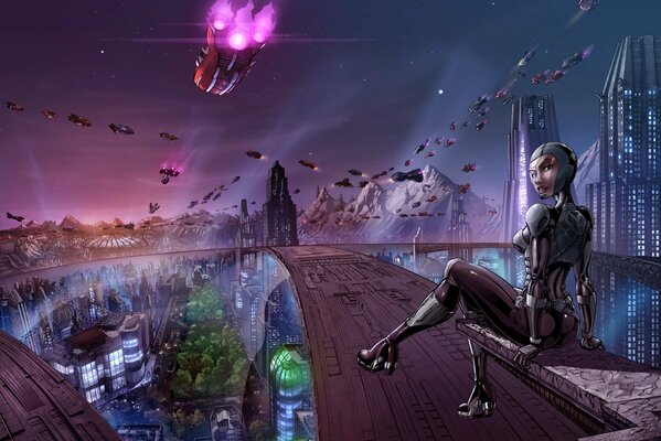 A girl in a spacesuit is sitting by the road of the city of the future