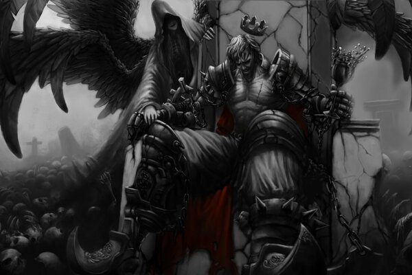 A gloomy sad king on the throne against the background of the angel of death with black wings