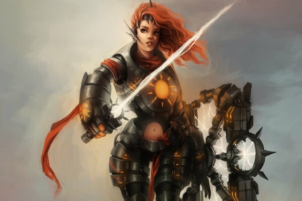 Art of a girl with red hair in armor and with a sword