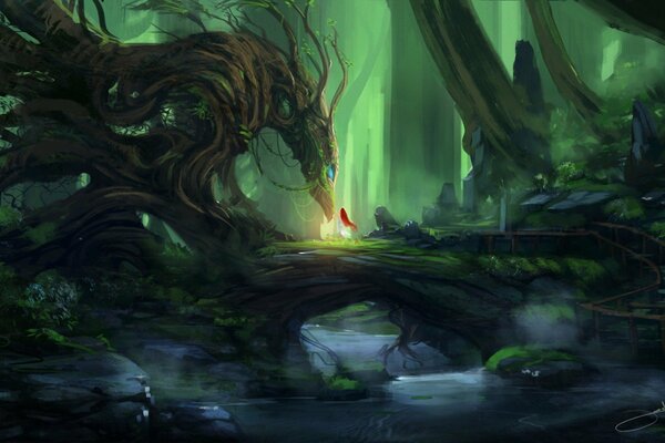 Fairy forest with a dragon and a girl