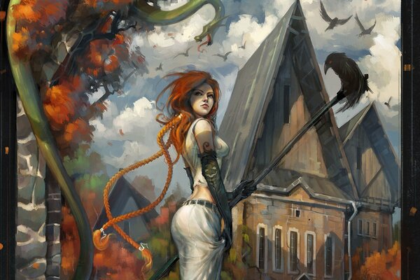 Red-haired girl with a raven