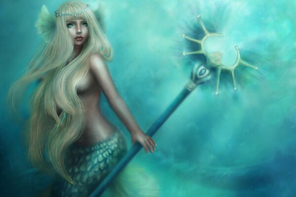 Blonde Meerjungfrau mit einem Poseidon-Seestab
