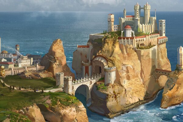 Замок на вершине скалы окружённый морем