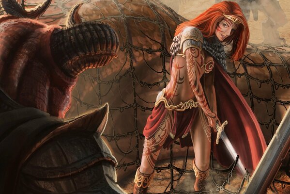 Девушка с мечом смотрит в сторону рогатого существа