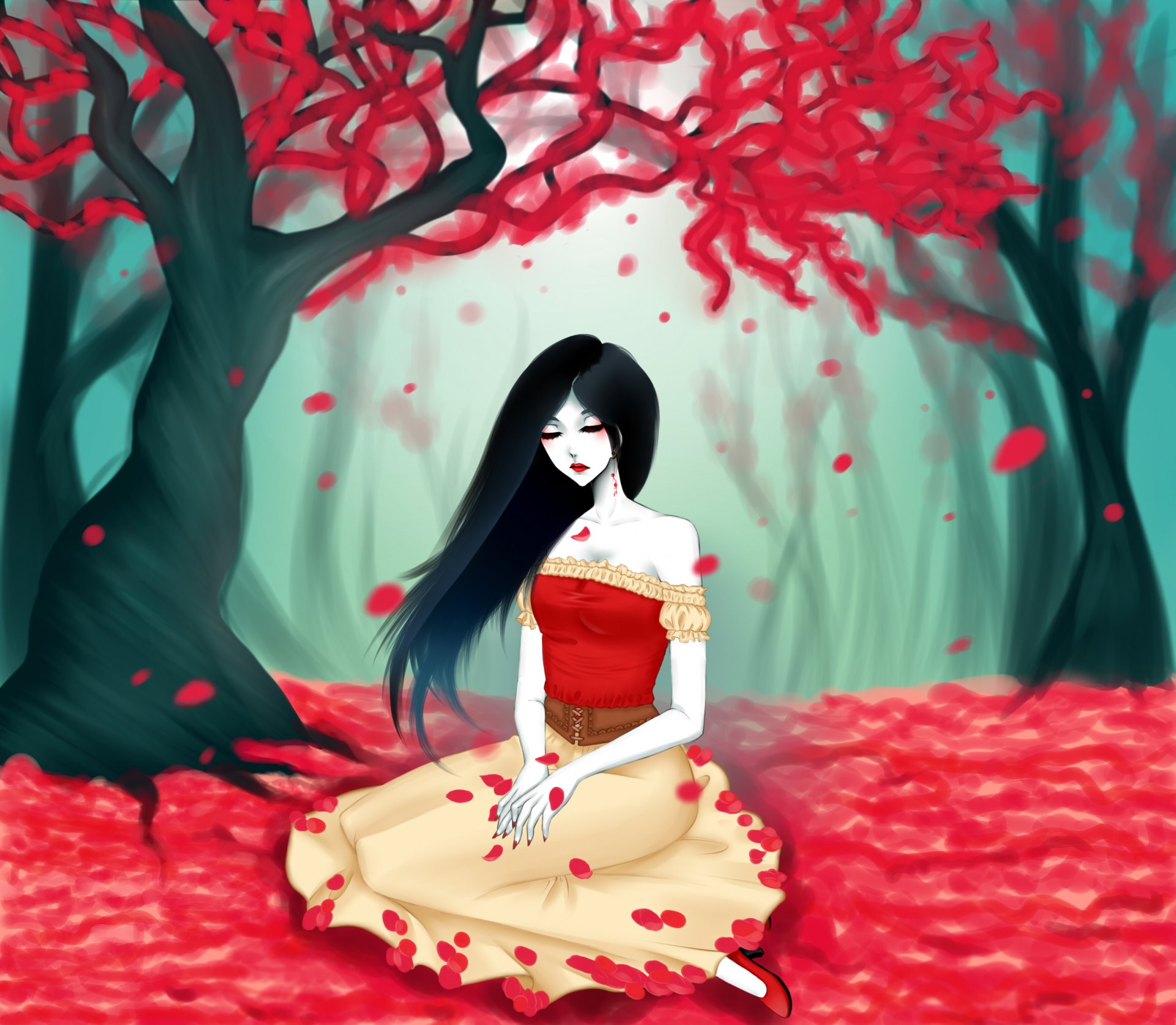 art eirintomo fois d aventure marceline fille feuilles rouge arbre