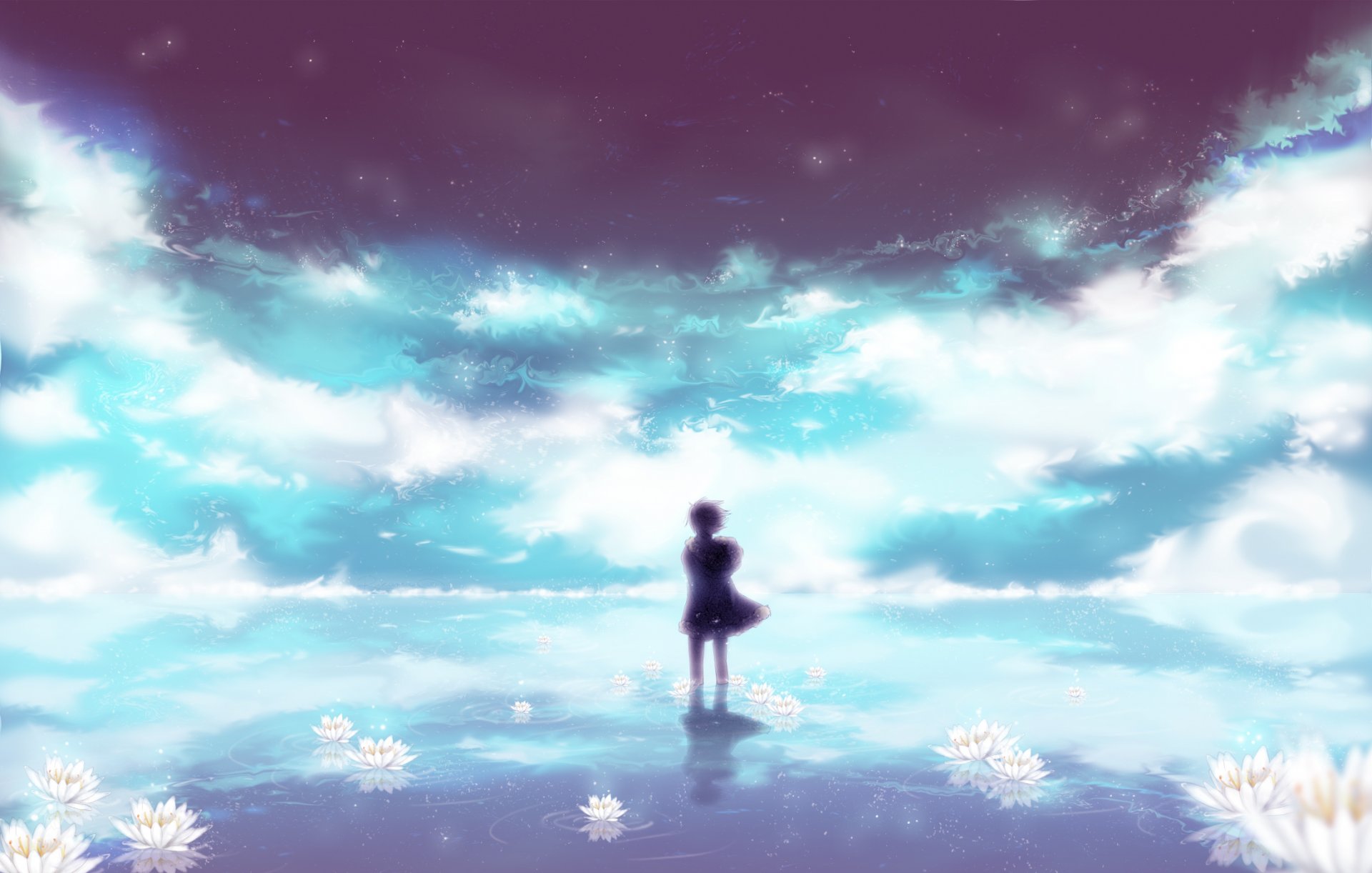 art uyre durarara orihara izaya anime guy sky clouds wind flower lilies shadow reflection star water