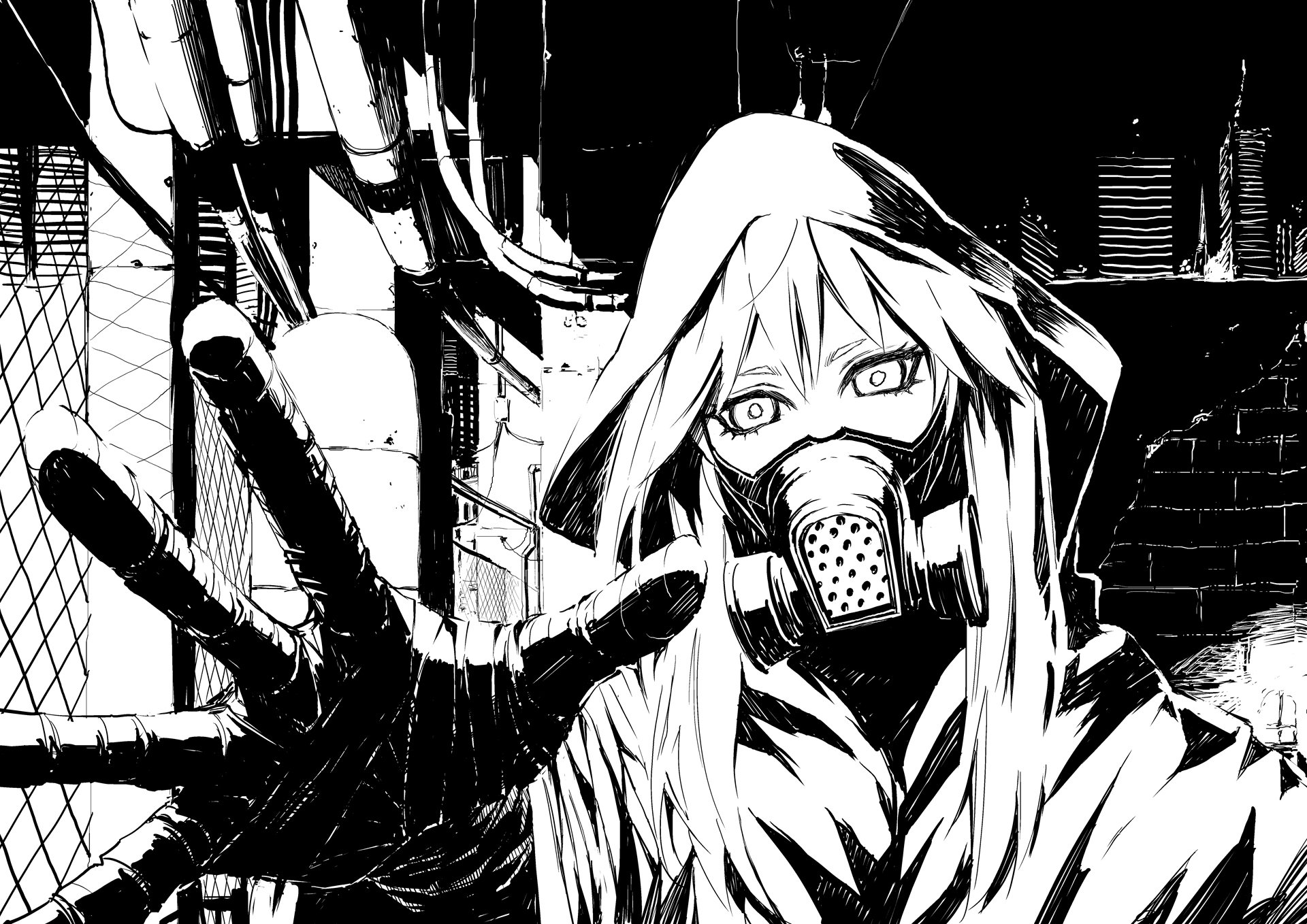 art idsuru921 girl view horror gesture mask monochrome town apocalypse