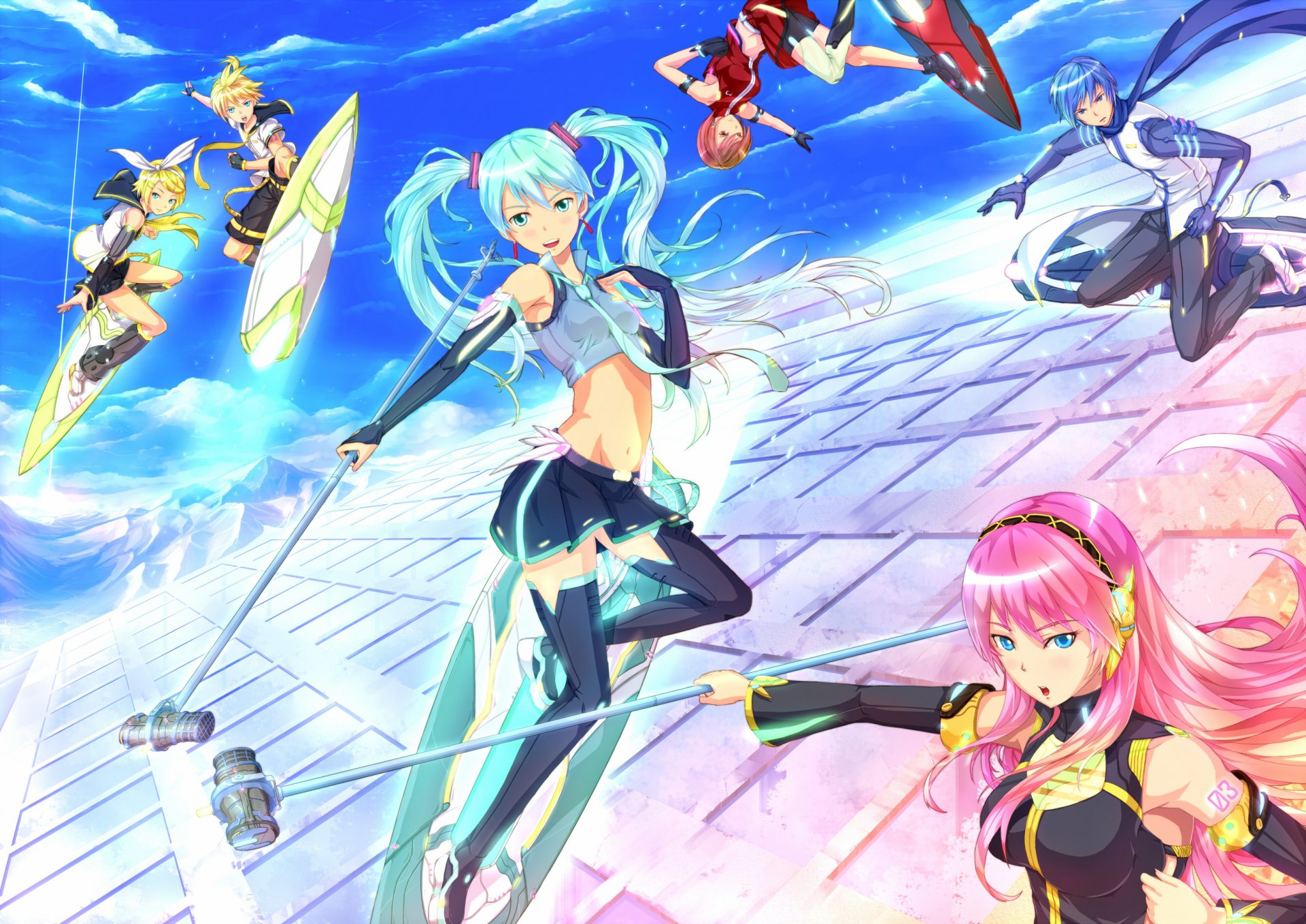 art kazeno-ark vocaloid hatsune miku megurine luka kagamine rin kagamine len kaito meiko chłopaki dziewczyny mikrofon surfing