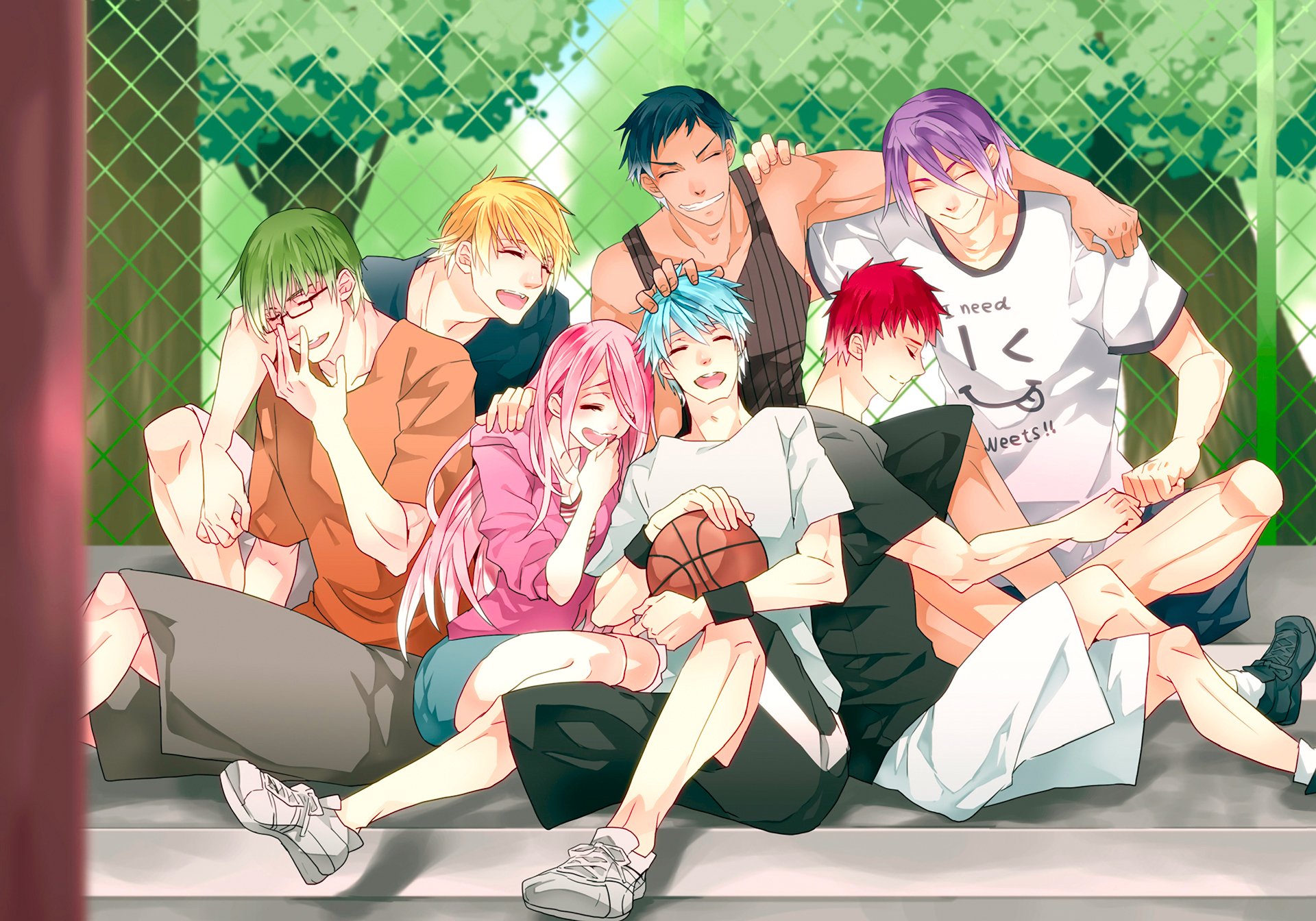 kuroko no cestas baloncesto kuroko momoi satsuki akashi seijuurou aomine daiki kise ryouta kuroko tetsuya midorima shintarou murasakibara atsushi bola chicos anime chica estado de ánimo alegría sonrisa