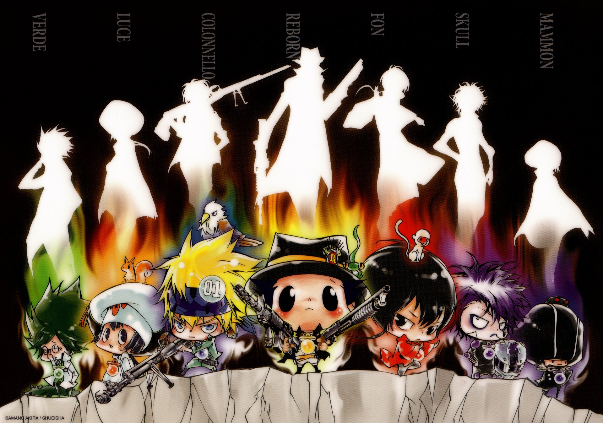 kunst anime mafia-lehrer reborn katekyo hitman reborn arcobaleno leon hintergrund verde schädel mammon mädchen jungs brustwarzen affe vogel eichhörnchen