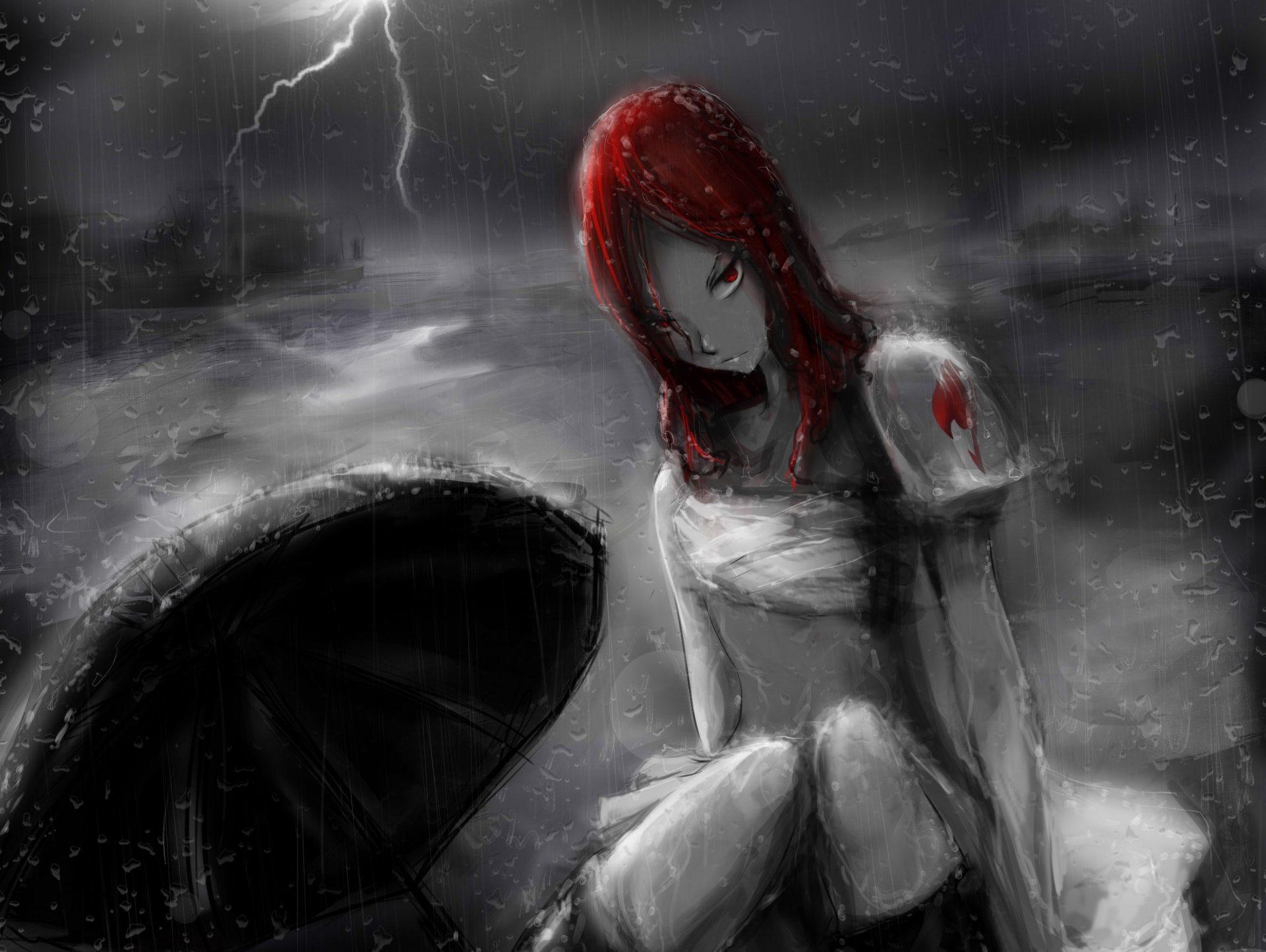 art anime conte de fées erza scarlet conte de fée fille pluie parapluie foudre