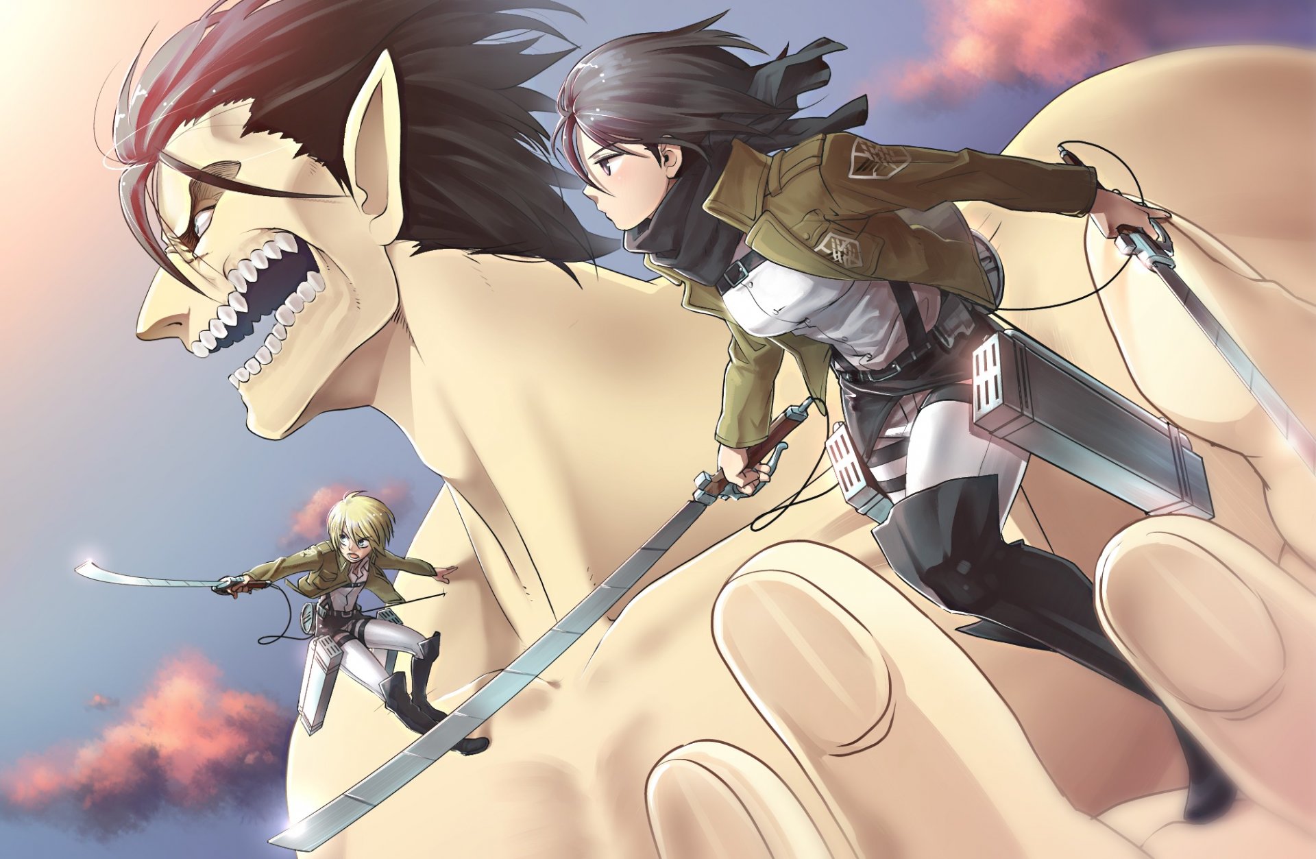 art buriki neko anime shingeki pas kyojin mikasa ackerman eren jaeger armin arelet gars fille bataille épée arme géant l invasion des géants