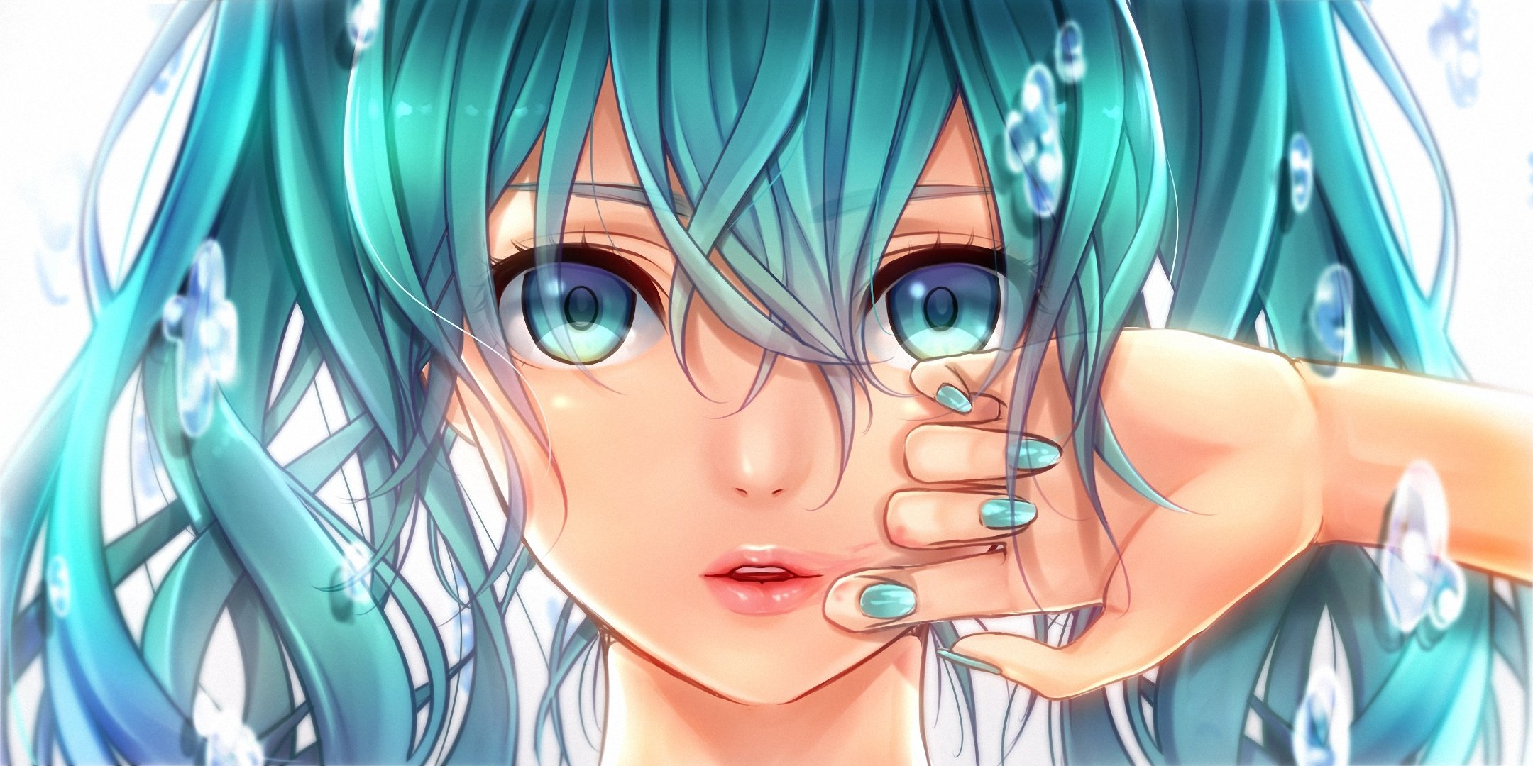 art masami chi vocaloid hatsune miku dziewczyna twarz ręka bąbelki