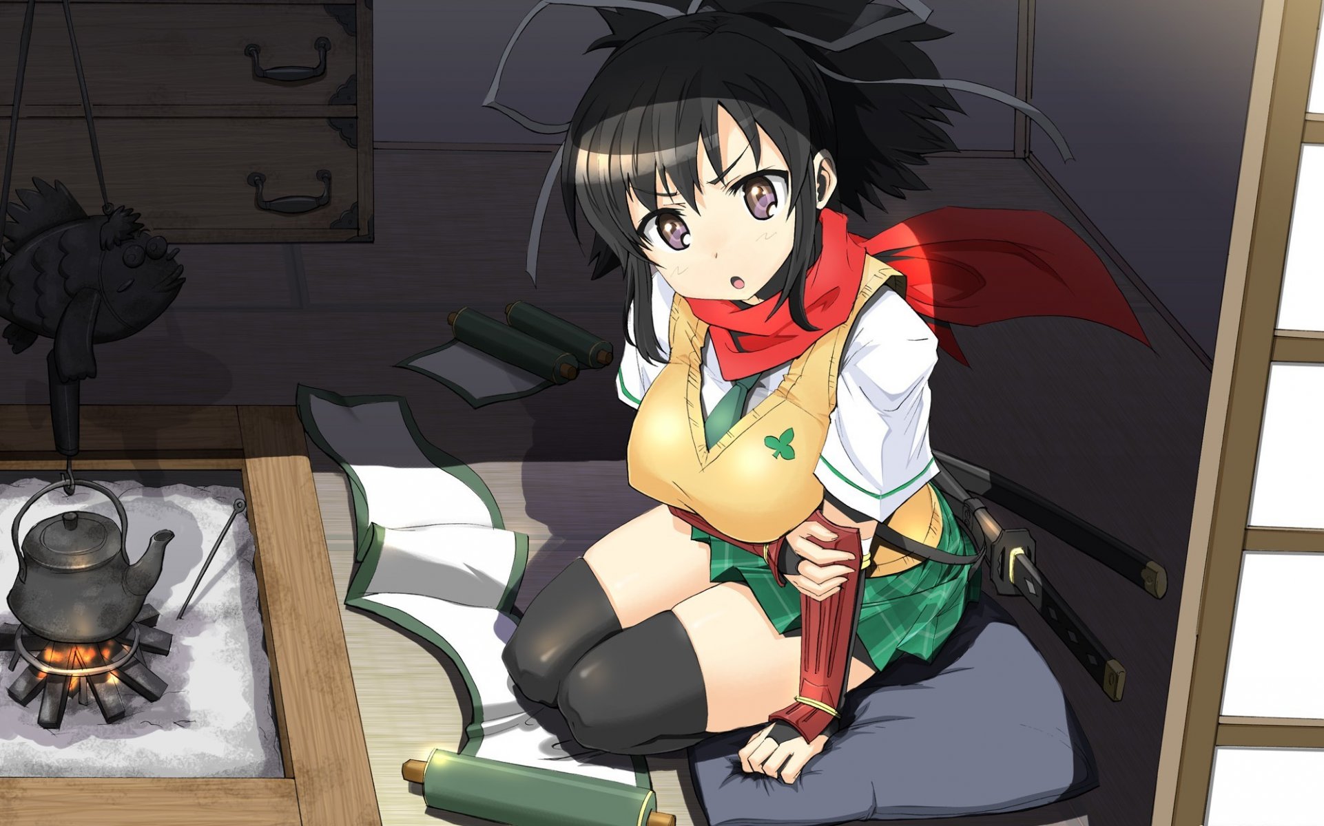 art kimura tatsuki senran kagura asuka girl house sword scroll kettle fire form