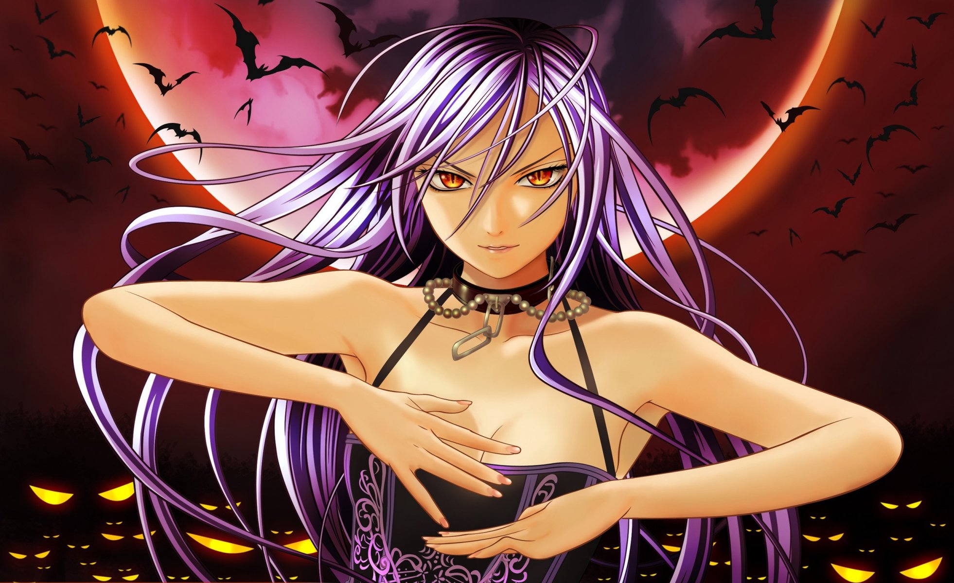 akashiya moka rosario + vampire mädchen mond fledermäuse augen