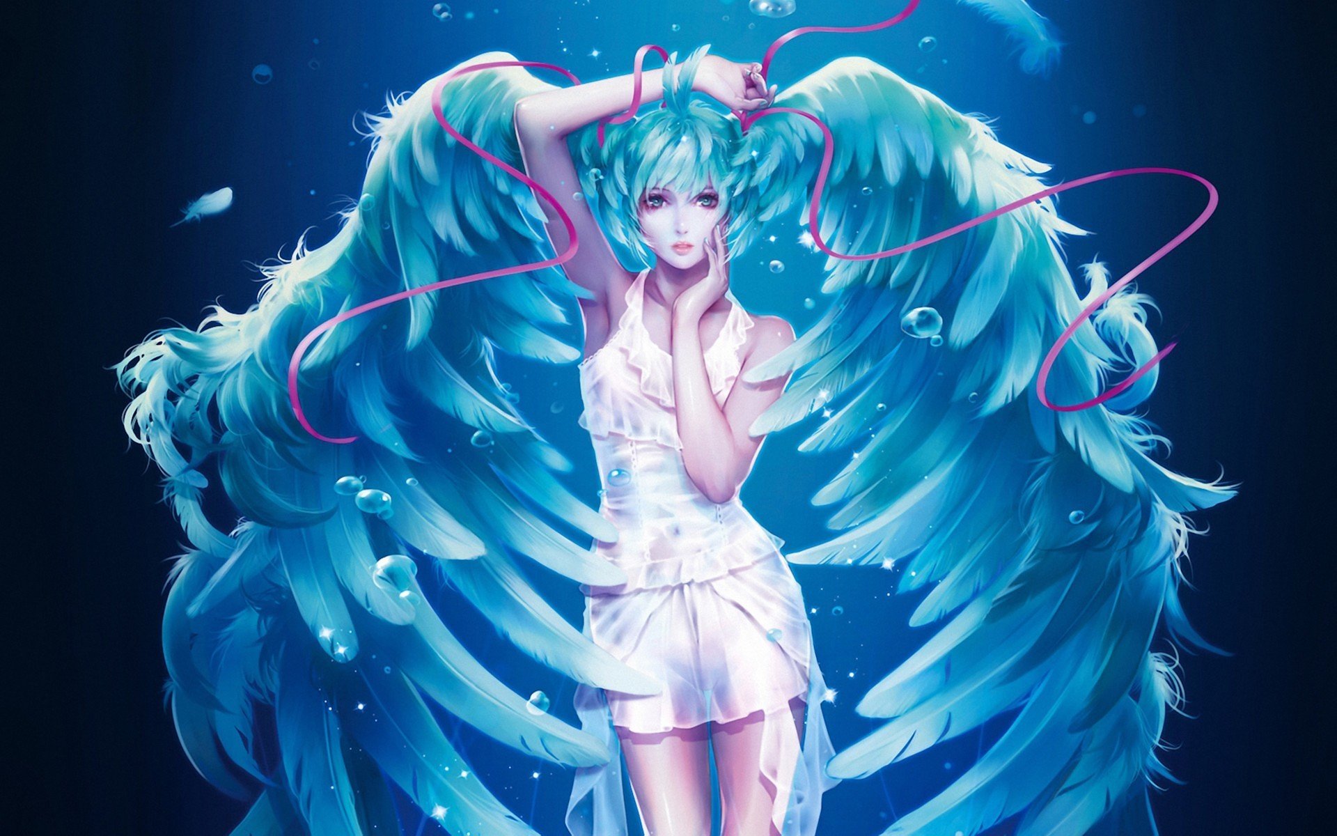 art sae revirth vocaloid vocaloid hatsune miku fille ailes plumes ruban