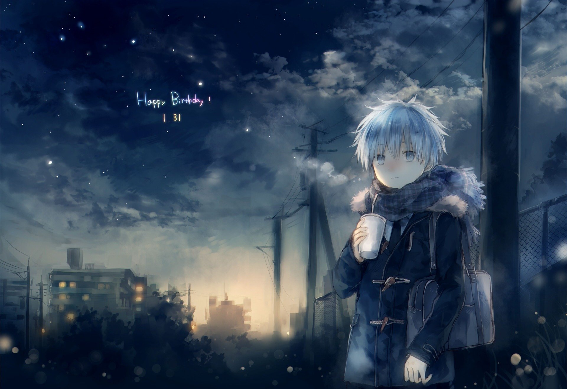 art onineko anime kuroko pas de panier basket-ball kuroko kuroko tetsuya guy froid écharpe nuages ciel nuit étoiles