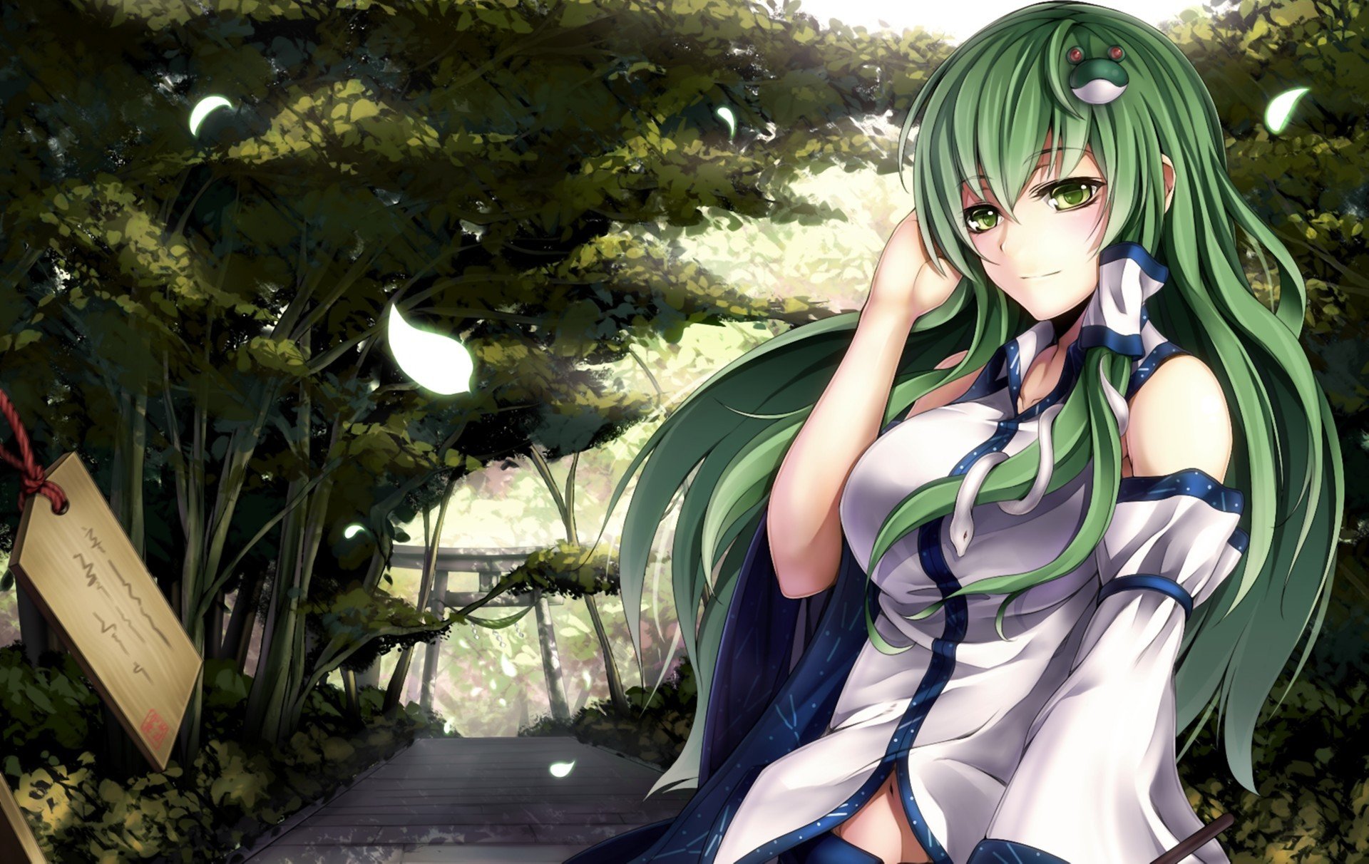 kunst izayei-saki touhou kochiya sanae mädchen grüne haare wind gehweg blütenblätter schilder schlange bäume tor