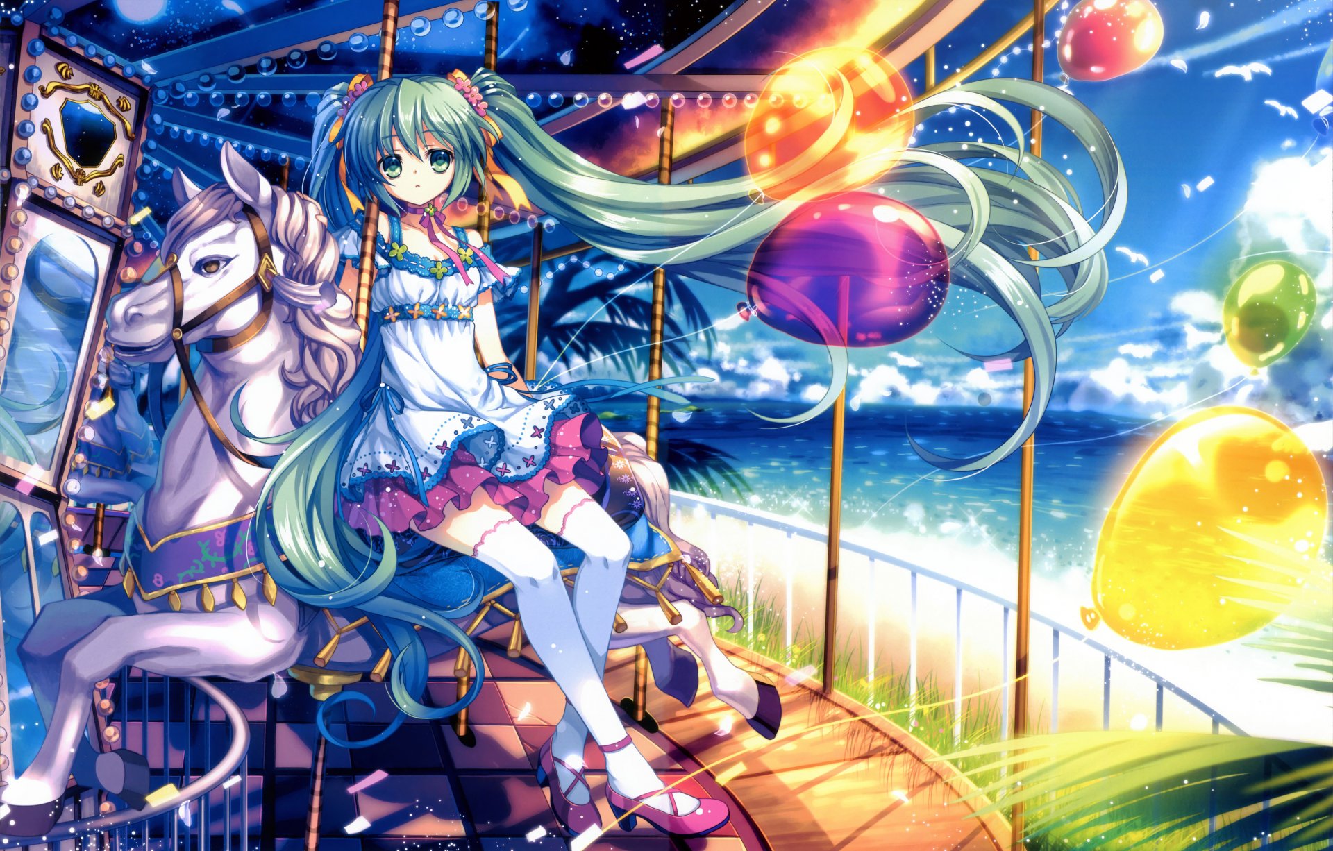 arte capura lin vocaloid hatsune miku vocaloid chica atracción globos cielo nubes sol caballo gaviotas mar