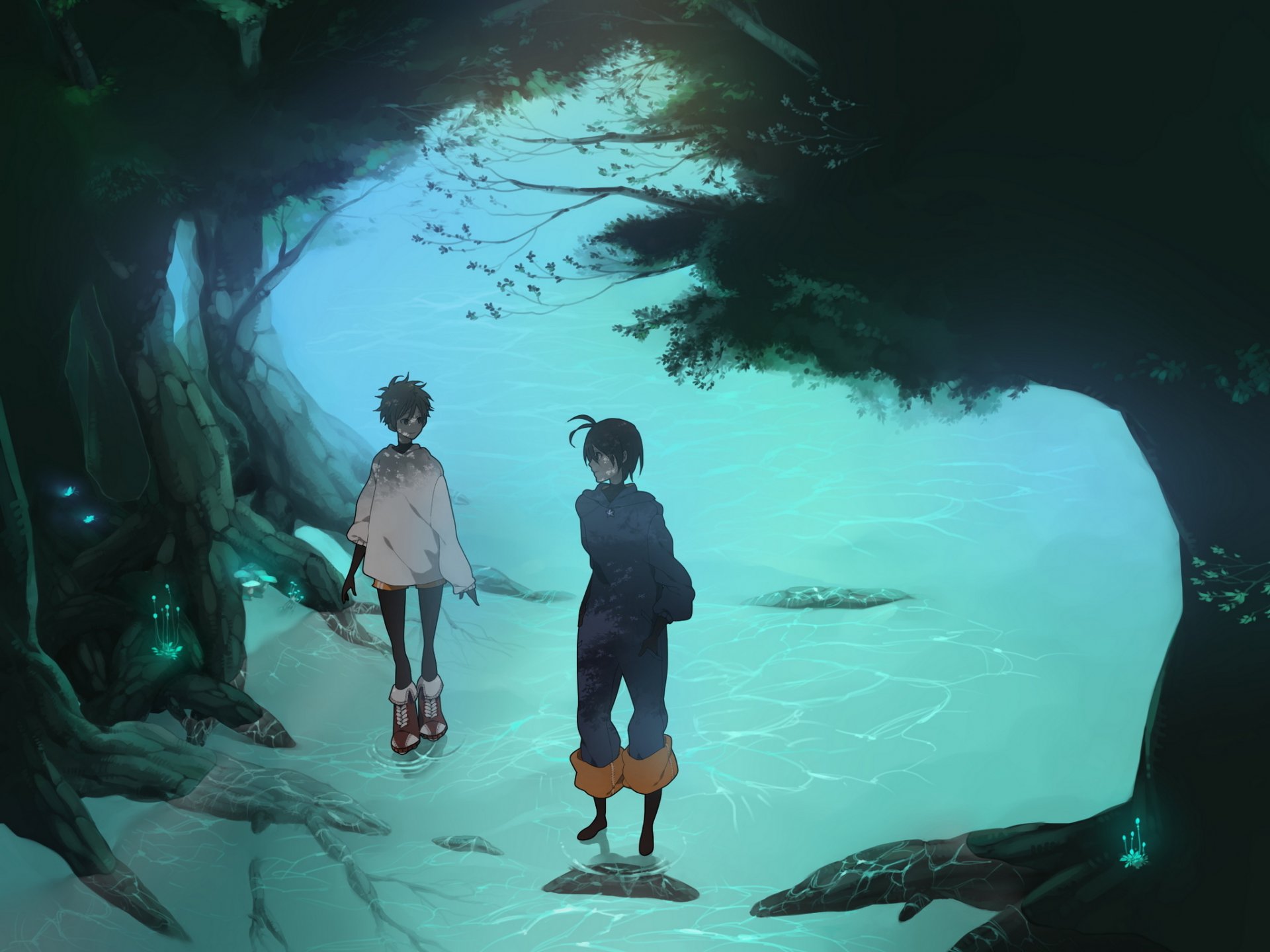 art anime girl guy the pair nature river tree water two