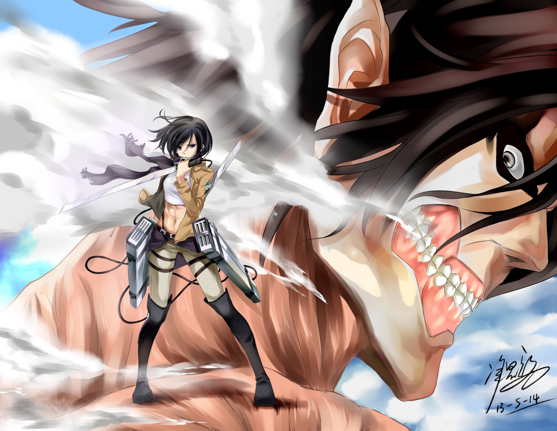 art kousen yasou girl mikasa ackerman titanium eren jaeger view gesture weapon smoke shingeki no kyojin