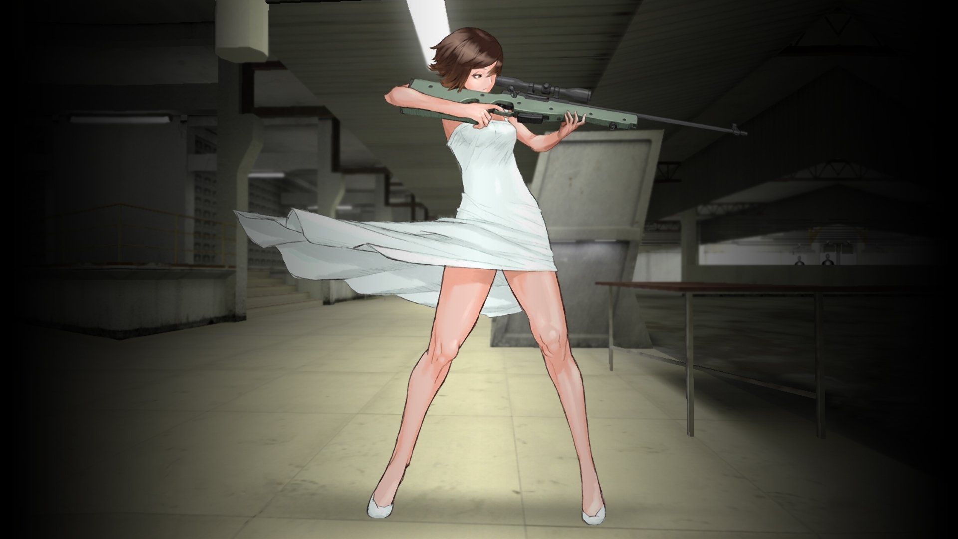 girl sniper sight rifle dress wind