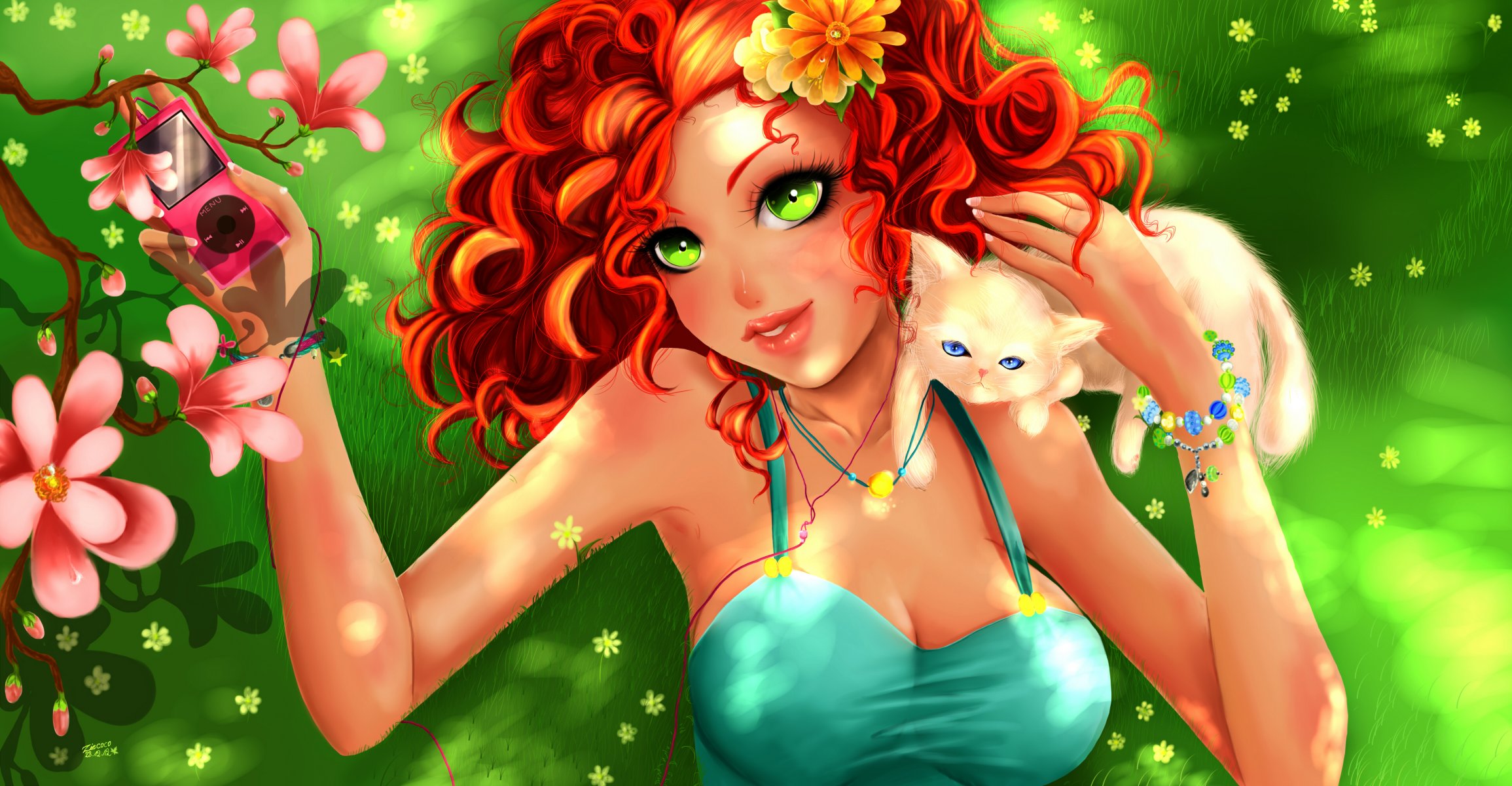 ziecoco anime arte chica mirada ojos verdes pelo rojo gato flores árbol verano. jugador