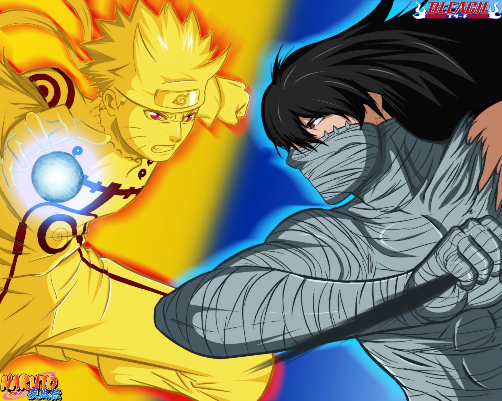 naruto vs ichigo naruto bleach crossover uzumaki ichigo kurosaki mugetsu ultimate evolution kyubi mode hitayate logo konohagakure no sato tensa zangetsu razengan jutsu transformation brassard shinigami de rechange shihakushou katana épée