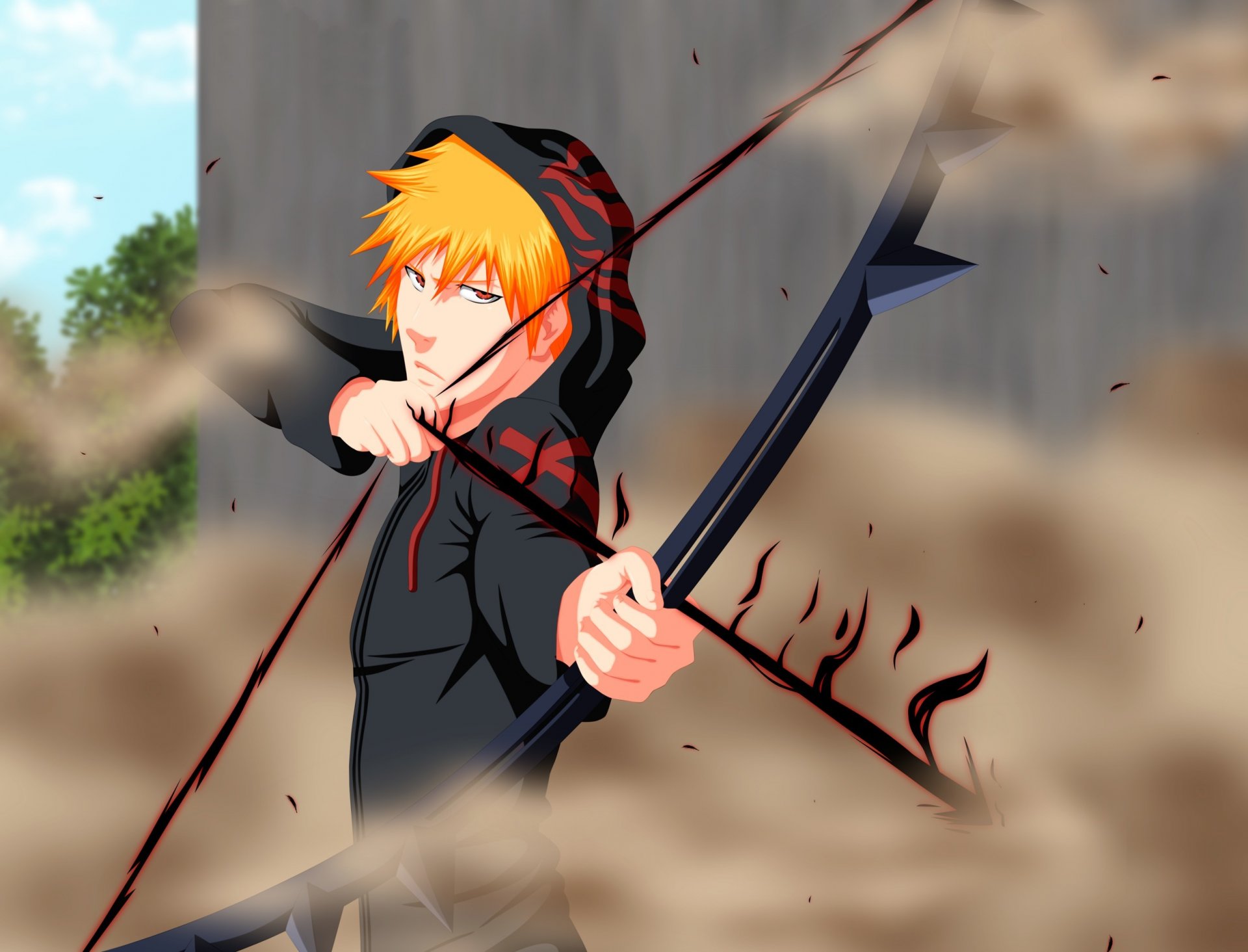 bleach ichigo ichigo kurosaki quincy shinigami shinigami tensa zangetsu łuk strzałka kaptur pomarańczowe włosy rozwiązany kurz splecione chłopiec anime gra tapety