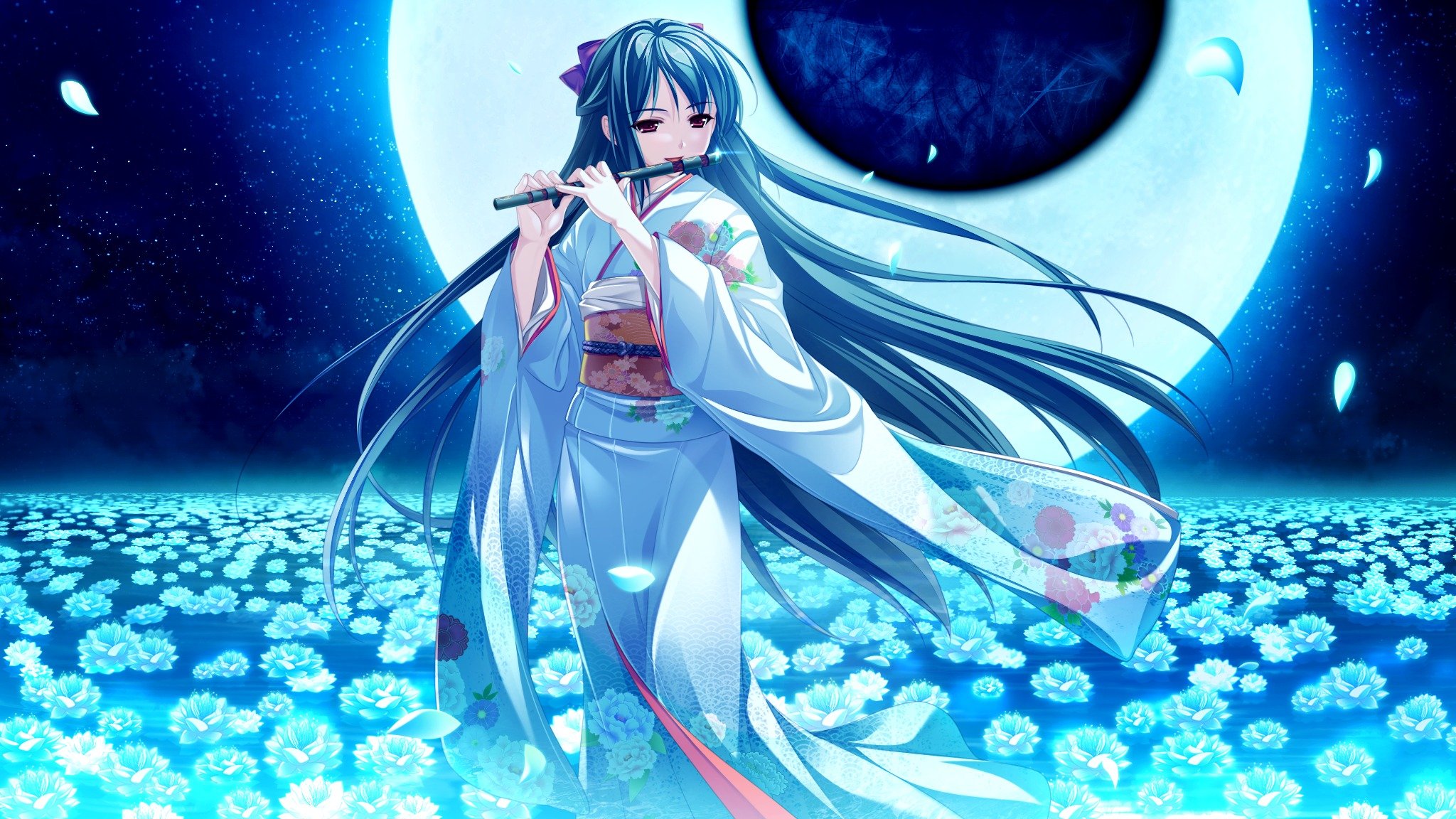 tsukumo pas de kanade fille kimono lune nuit fleurs flûte instrument de musique