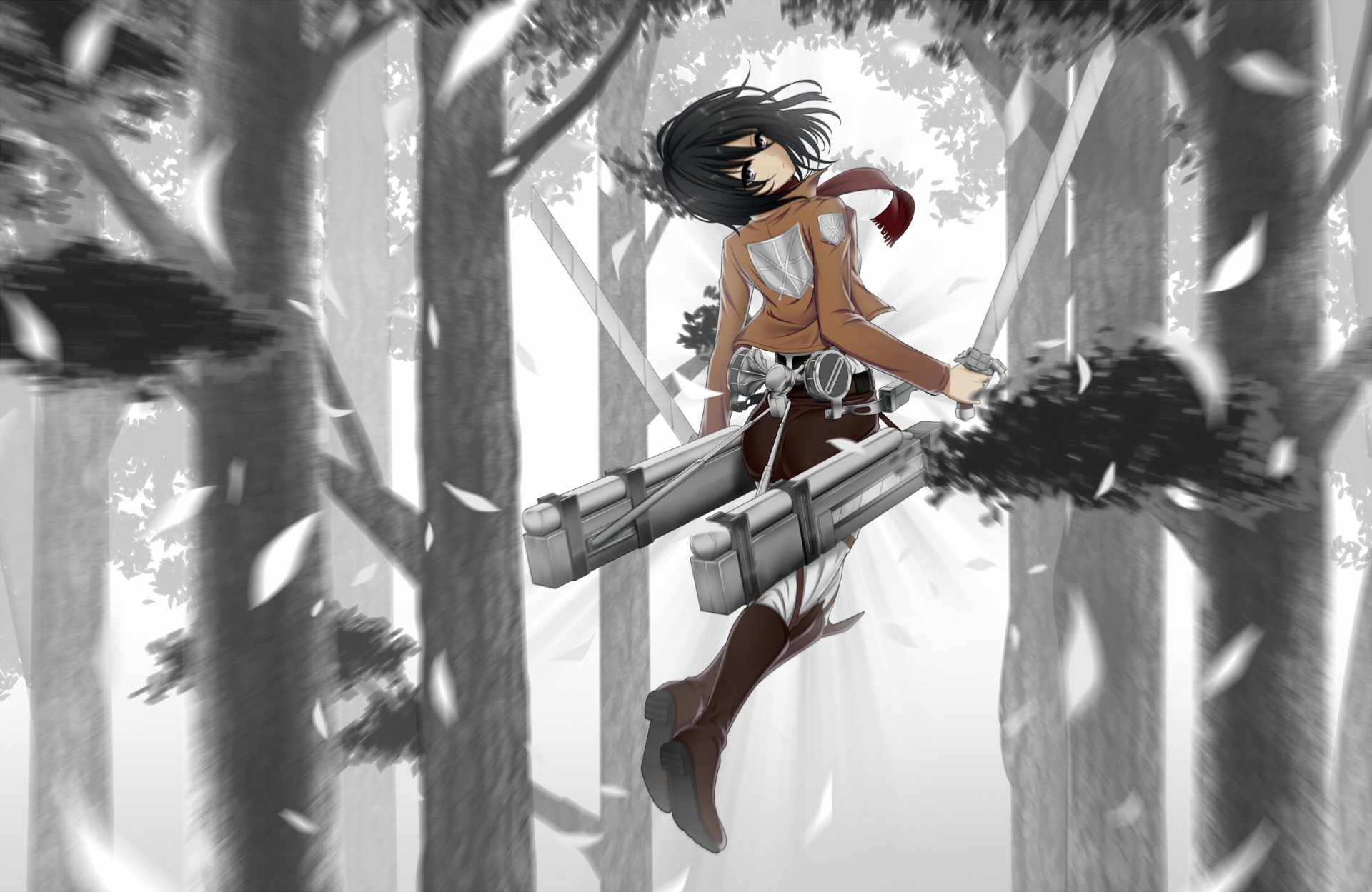 art oshou anime nie shingeki nie kyojin inwazja gigantów mikasa ackerman dziewczyna drzewa natura miecz broń