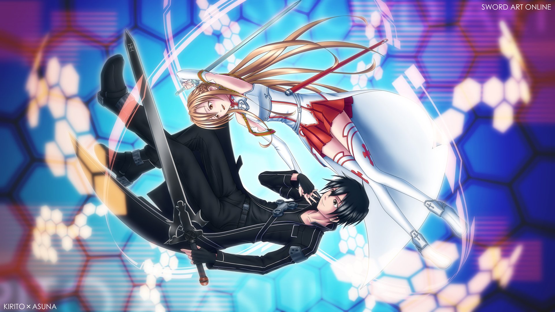 art rihiten breaker girl yuuki asuna guy kirito mood happiness weapon sword sword art online sword master online