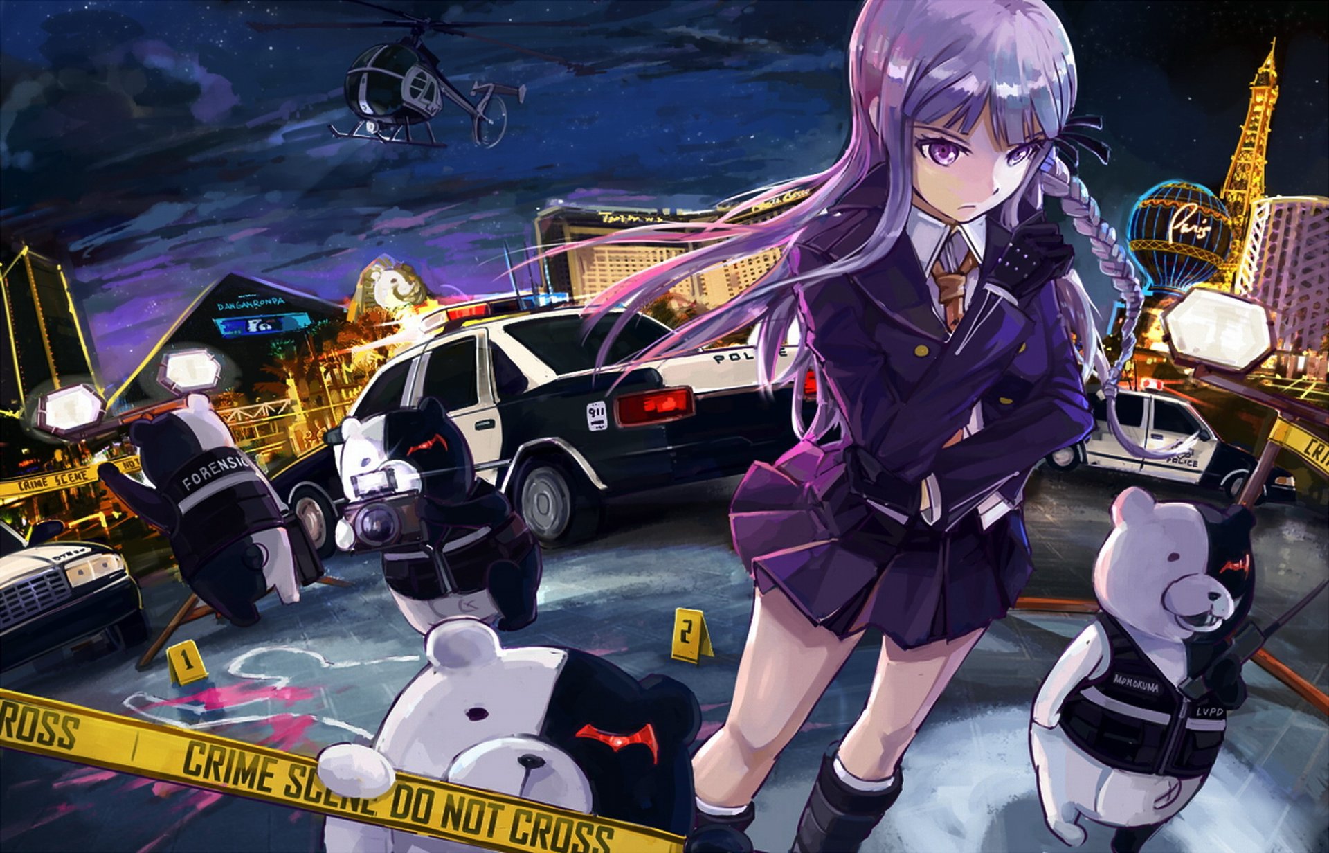 art sandro anime dangan-ronpa école de désespoir fille kirigiri kyouko kirigiri kyoko monokuma monomishka détective enquête crime meurtre preuve police ville de nuit vegas sang