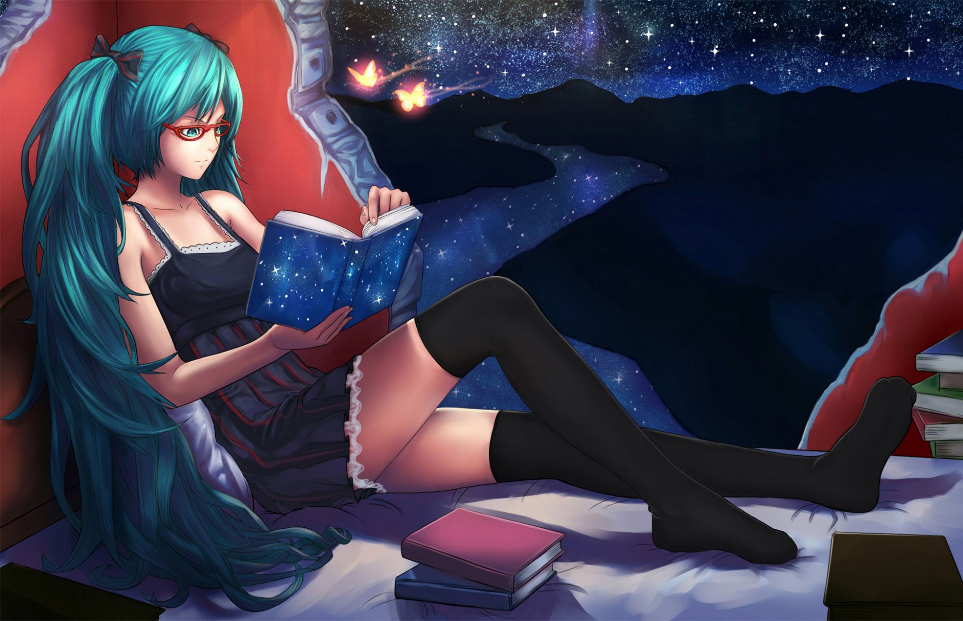 arte iq2000lb hatsune miku vocaloid vocaloid chica sentado knika esquina pared cama fantasía noche mariposas estrellas río