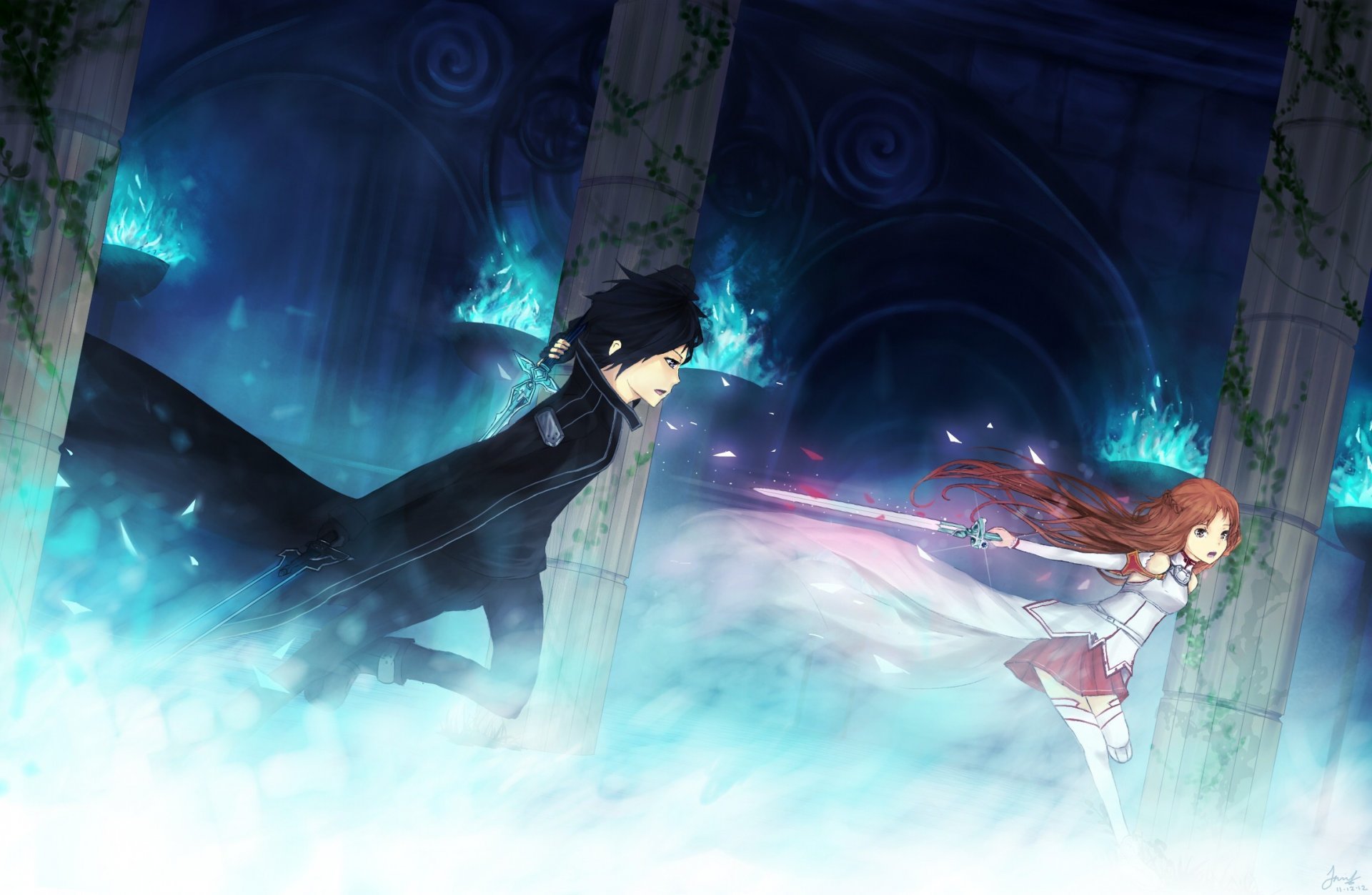 art girl yuuki asuna guy kirito weapon sword battle column magic fire sword art online sword master online