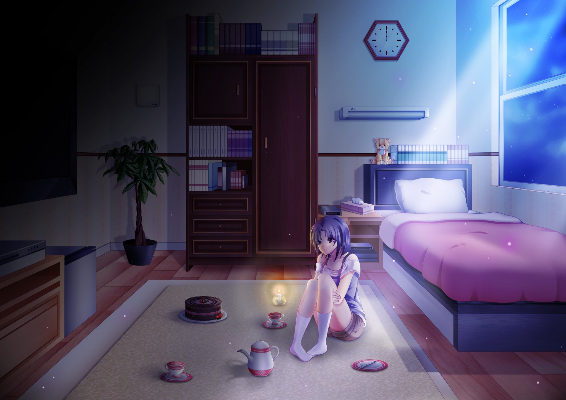 nuit solitaire anime fille lit chambre nuit obscurité horloge thé fleur livres étagère clair de lune gâteau jour anniversaire