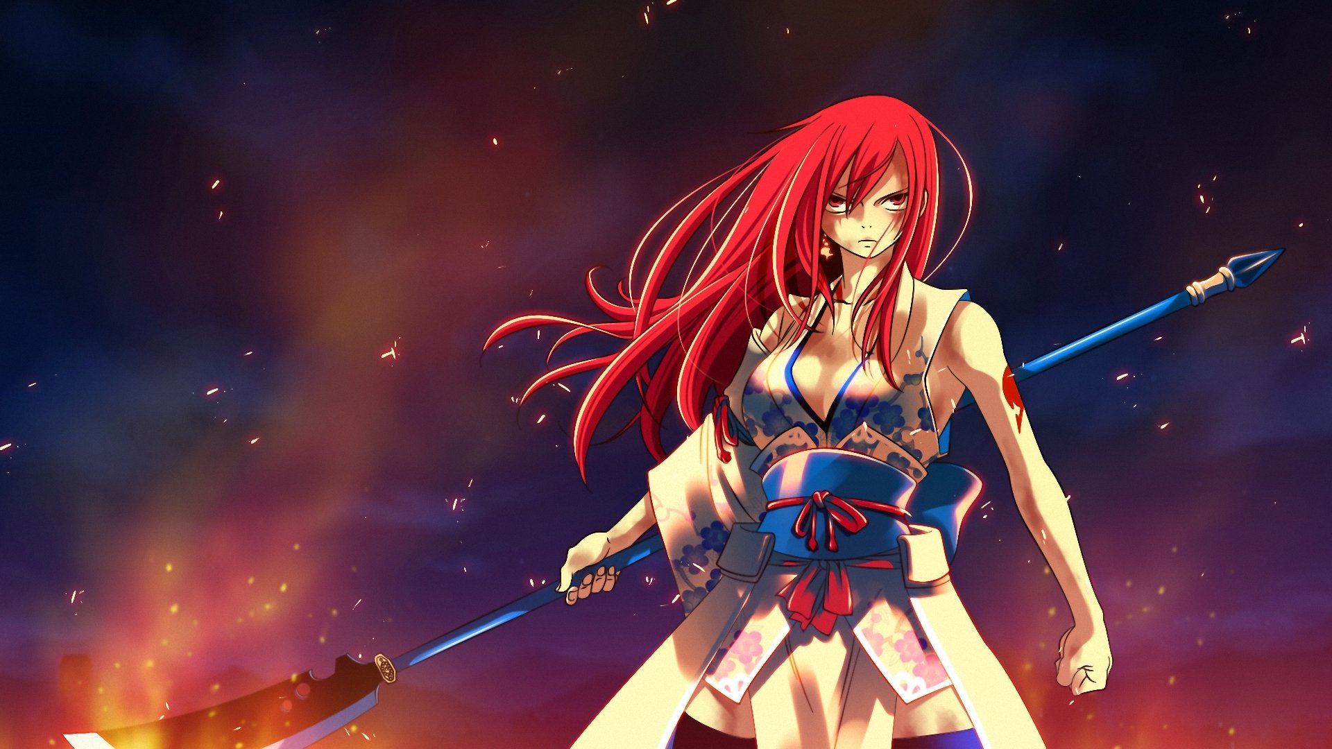 fairy tale fairy tail fairy tail tale erza scarlet elsa scarlet anime girl yukata tattoo fire flame look spear