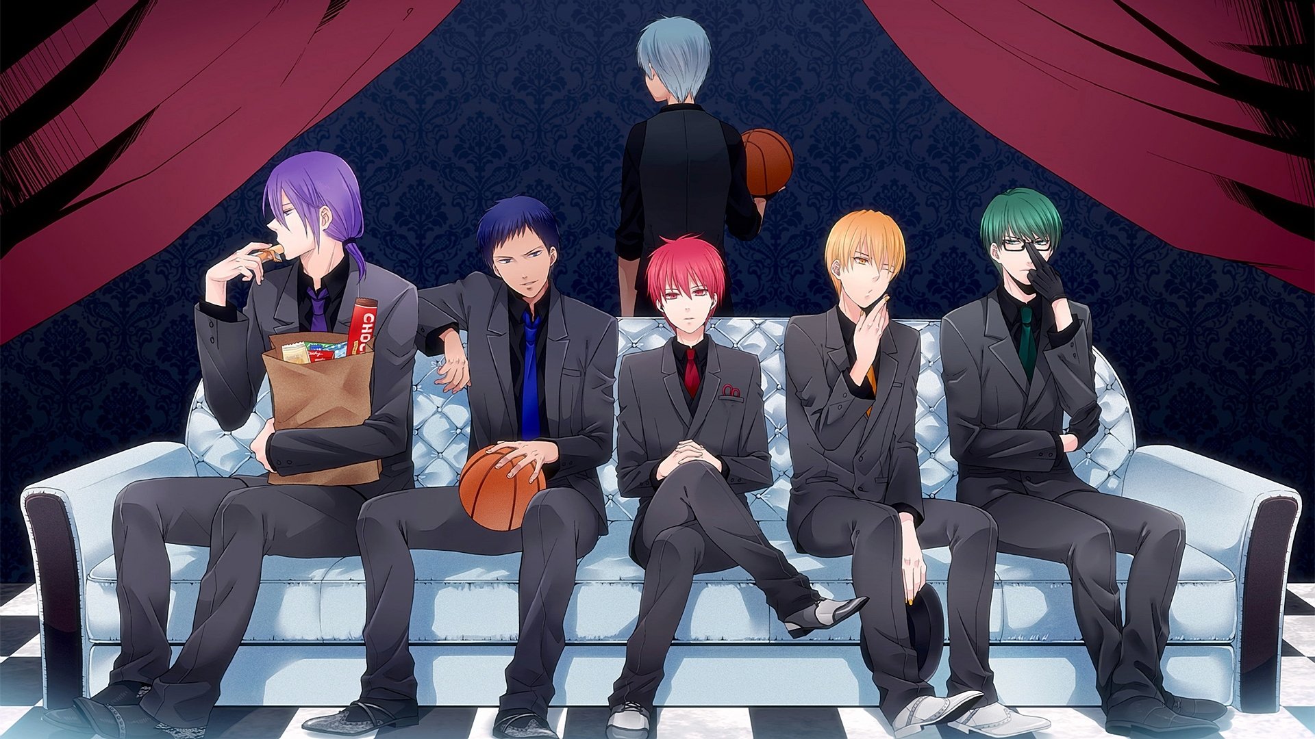 kuroko nie kosz koszykówka kuroko akashi seijuurou aomine daiki kise ryouta kuroko tetsuya midorima shintarou murasakibara atsushi piłka chłopcy anime sofa garnitur kamizelka krawat