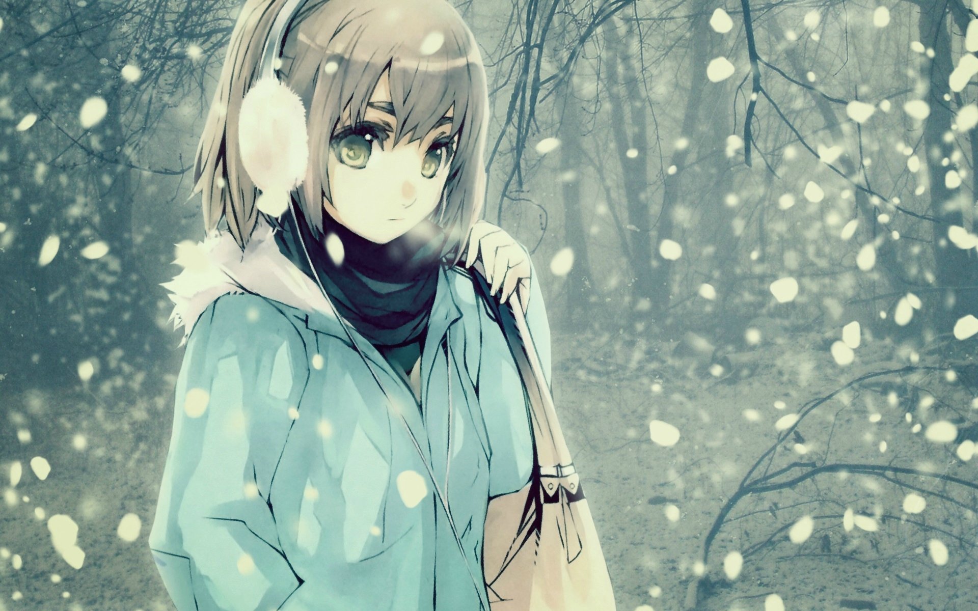 anime chica mirada pelo invierno frío nieve bolso